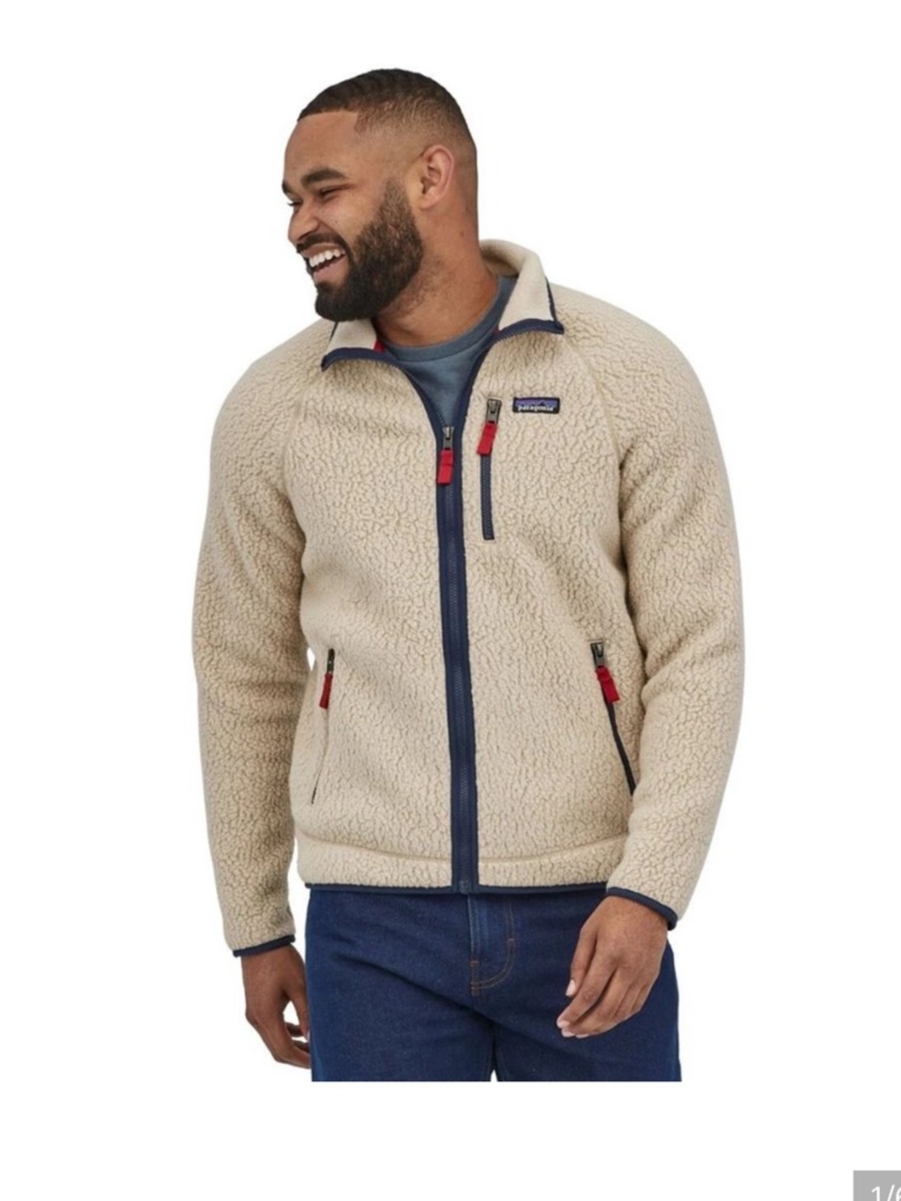 Patagonia Beige Fleece Jacket with Navy Trim and Red Accents